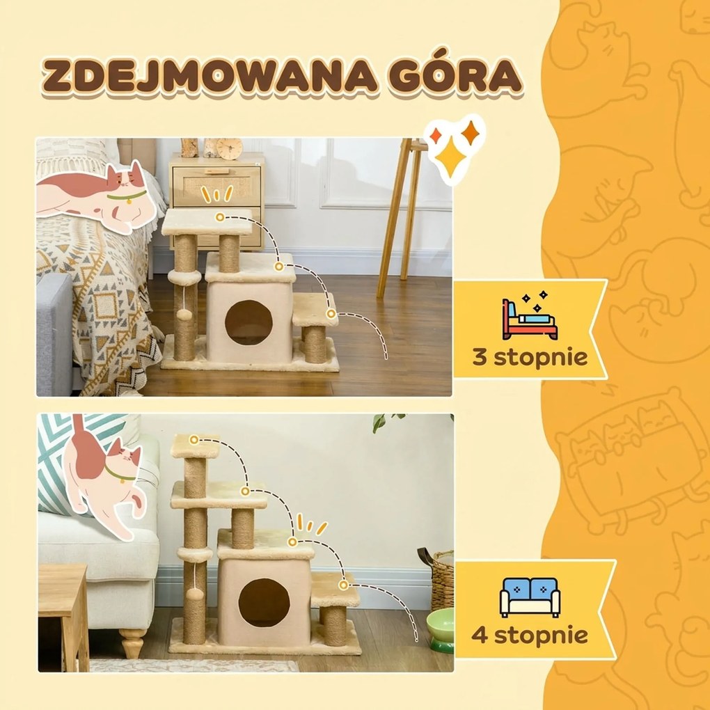 PawHut schody dla psa i kota beżowe lekkie schodki dla zwierząt domowych do łóżka i kanapy | Aosom PL