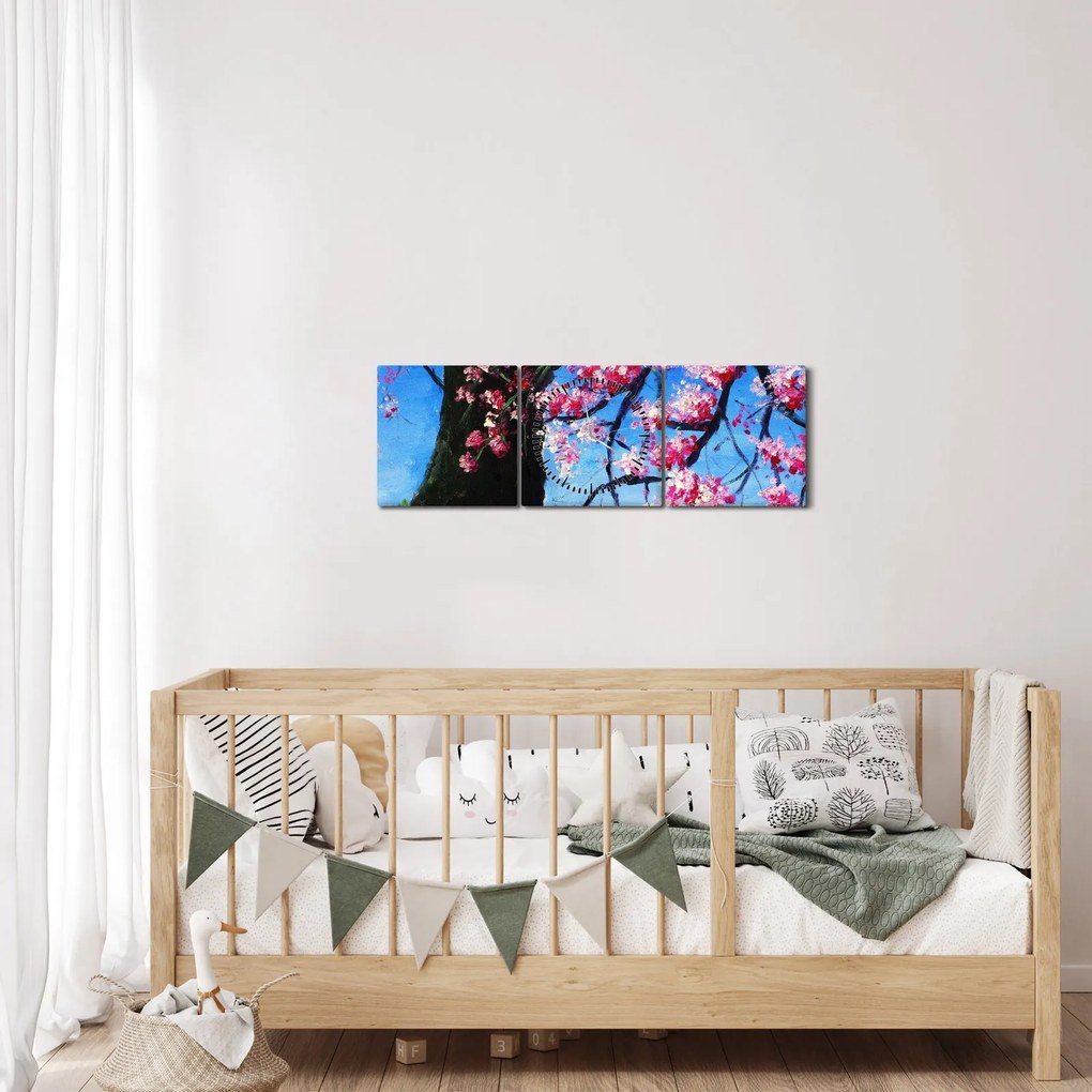 Obraz malowanego kwiatu wiśni (z zegarem) (90x30 cm)