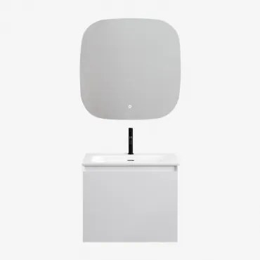 Zestaw Wiszących Mebli Łazienkowych Zintegrowany Z Umywalką Macrae Biała & Kwadratowa Lampa Led I Przeciwmgielna 75x75 Cm - Sklum