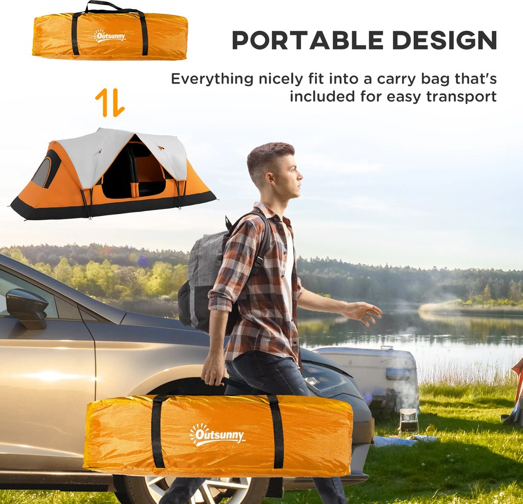 Outsunny Namiot Campingowy z 2 Pokojami, Przegrodą, dla 8 Osób, Ochrona przed Deszczem, Pomarańczowy