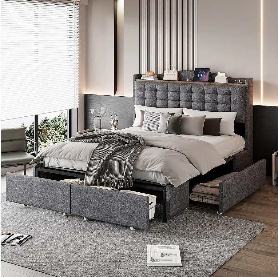 Łóżko tapicerowane ze schowkiem - 140 x 200 cm - stolik nocny z USB + schowkiem + 4 szuflady - len + metal + płyta MDF - szare