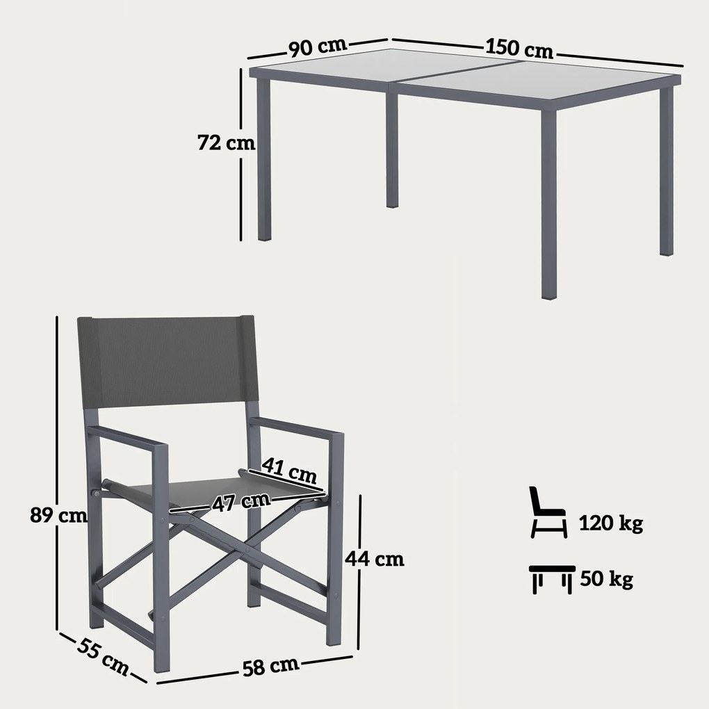Zestaw mebli jadalnianych Outsunny 5-częściowy ze stali dla 4 osób, stół ze szklanym blatem i 4 składane krzesła, Szary