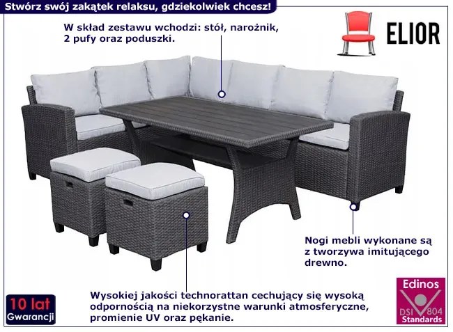 Narożnik ogrodowy ze stołem i 2 pufami - FMD