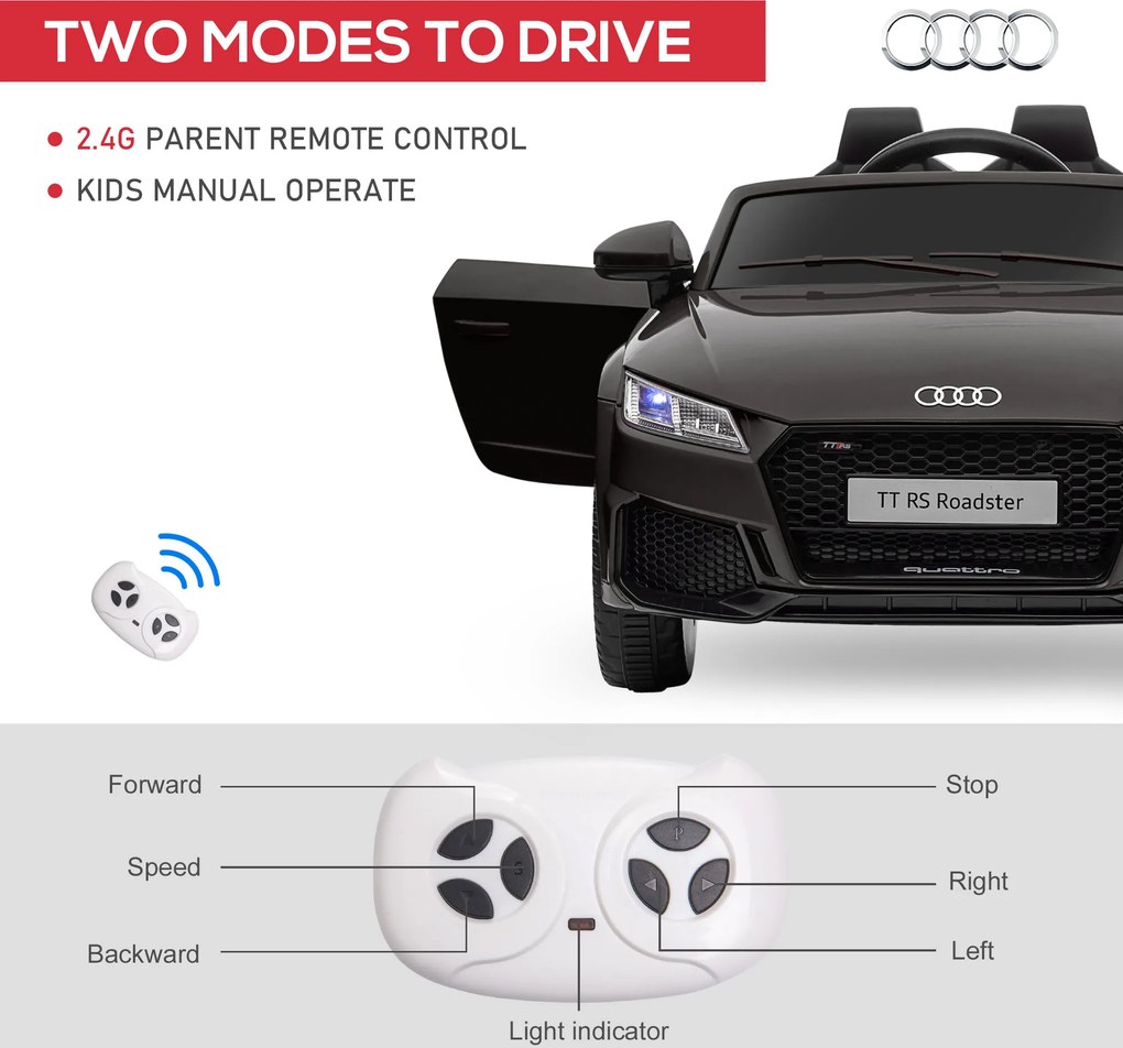 HOMCOM Dziecięcy Samochód Elektryczny, Audi TT RS Roadster, 3 km/h, Pilot, LED, USB, Czarny