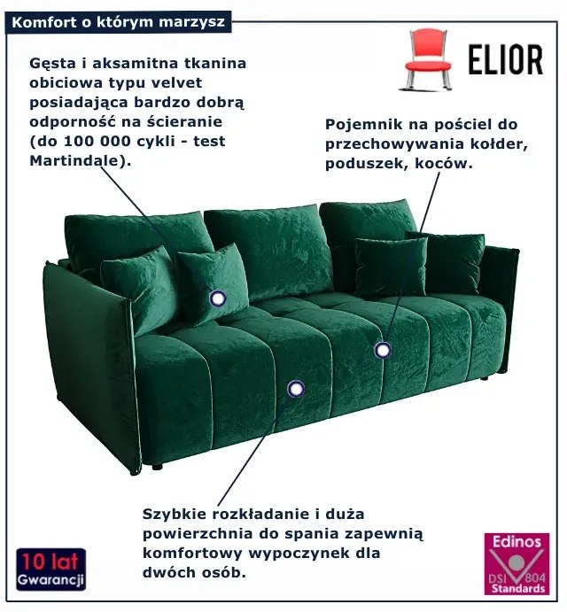 Ciemnozielona welurowa sofa rozkładana z pojemnikiem F2-H35