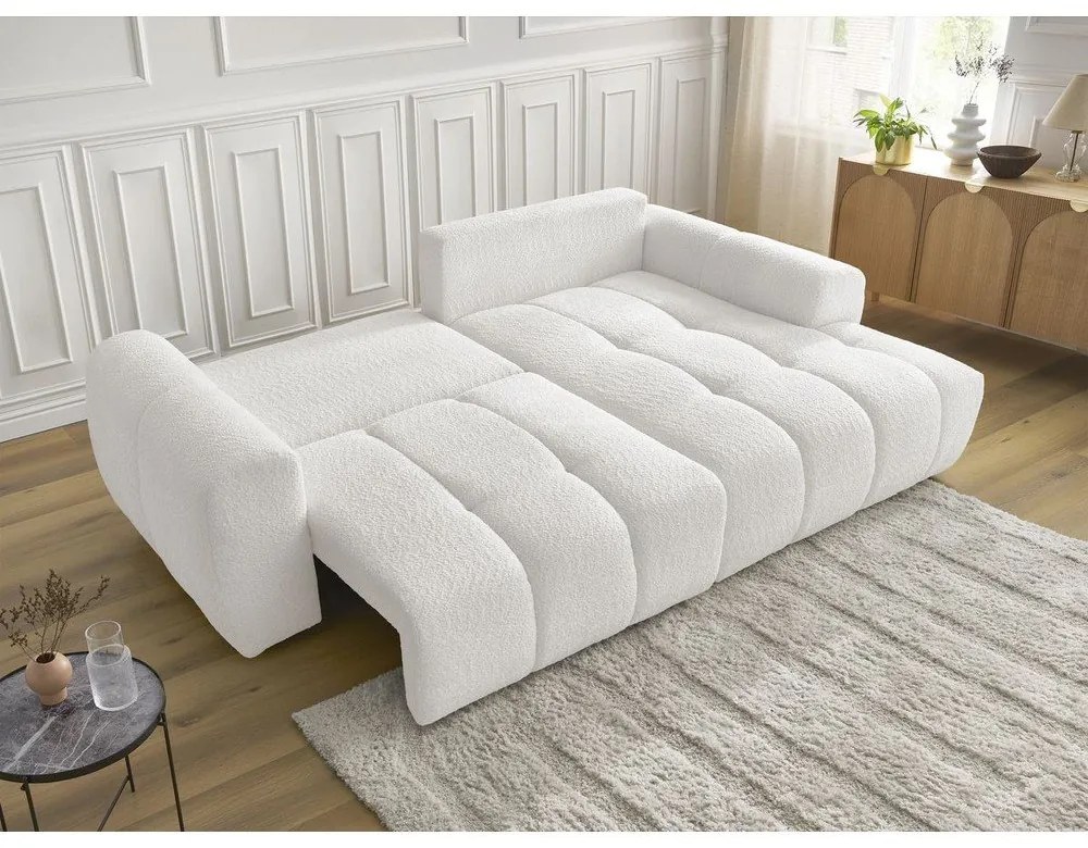 Biały rozkładany narożnik z materiału bouclé ze schowkiem (prawostronny/z szezlongiem) Roxelane – Bobochic Paris