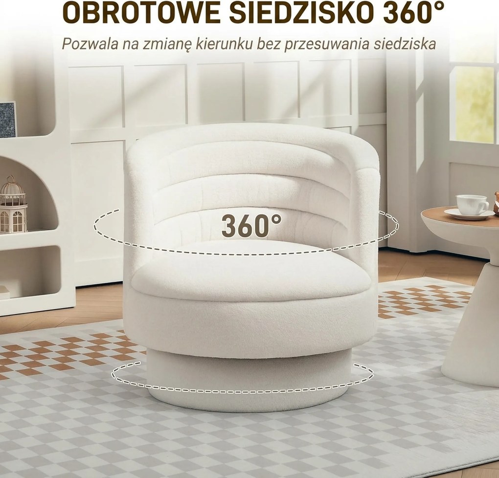 HOMCOM Obrotowy Fotel Tapicerowany, Nowoczesny Fotel Klubowy z Ramą z Drewna Kauczukowego, do Salonu, Sypialni, Kremowy
