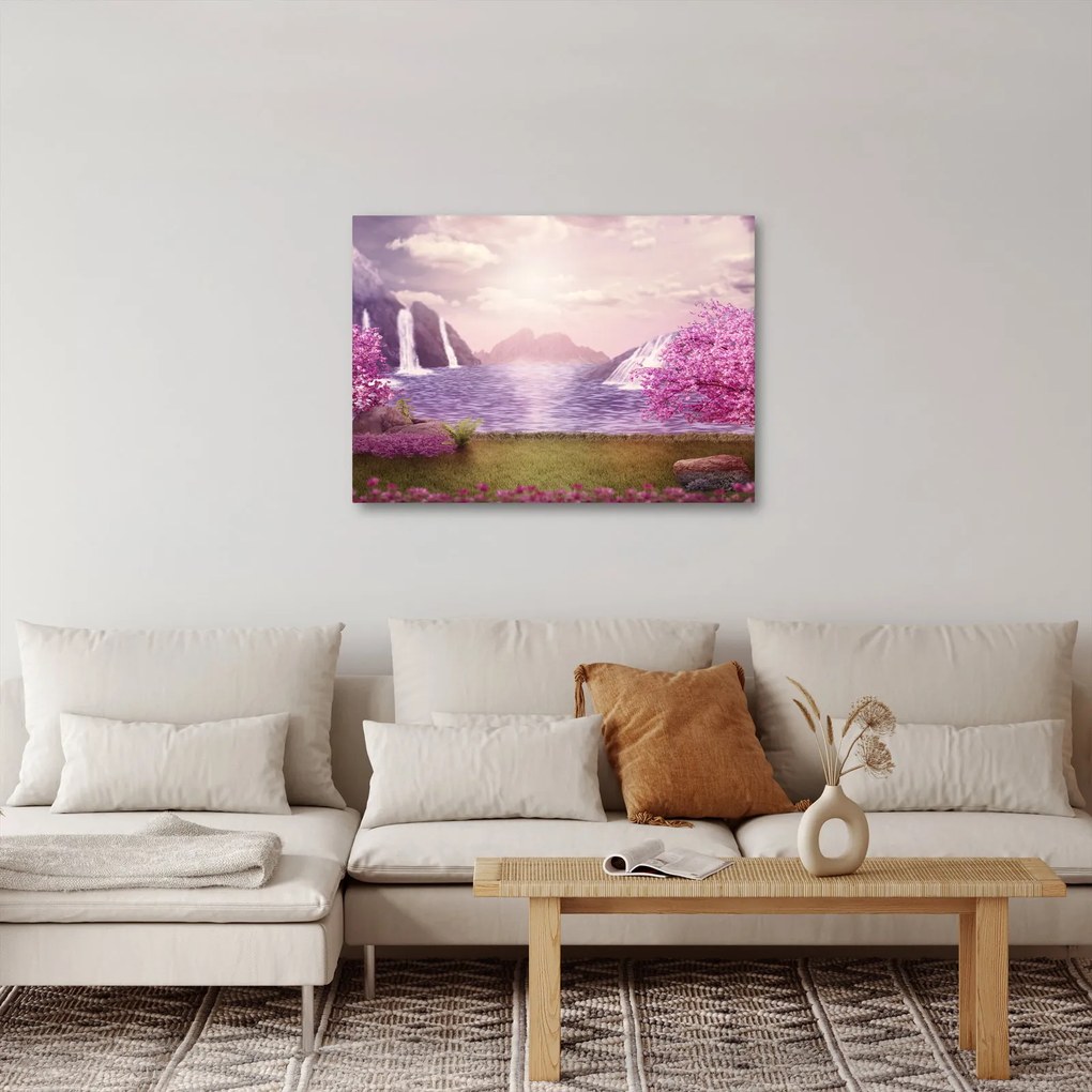 Obraz różowych drzew z jeziorem (70x50 cm)