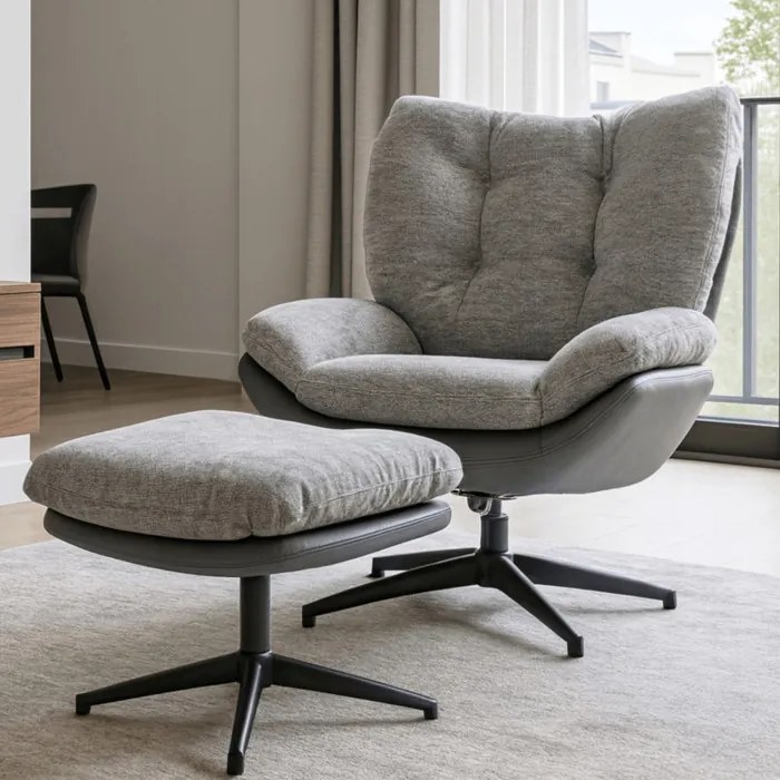 Fotel Wypoczynkowy Obrotowy FREMONT z Podnóżkiem Szary/Czarny Nowoczesny