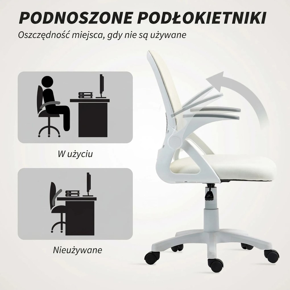 HOMCOM Oddychające siatkowe krzesło biurowe, ergonomiczne krzesło obrotowe z podnoszonymi podłokietnikami i podparciem lędźwiowym, białe | Aosom PL