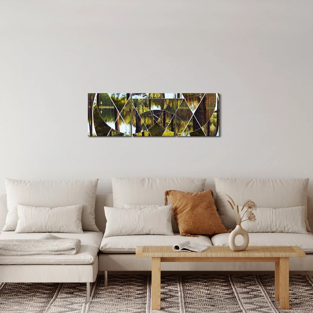 Obraz - Geometryczny kolaż na tle nordyckich lasów (z zegarem) (90x30 cm)