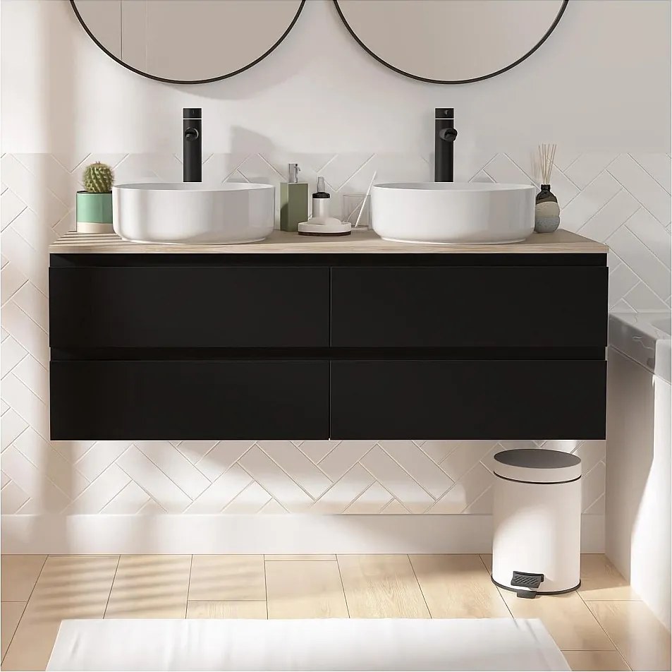 SORRENTO 120 cm szafka ścienna z podwójną umywalką, blatem drewnianym, umywalkami i kranami