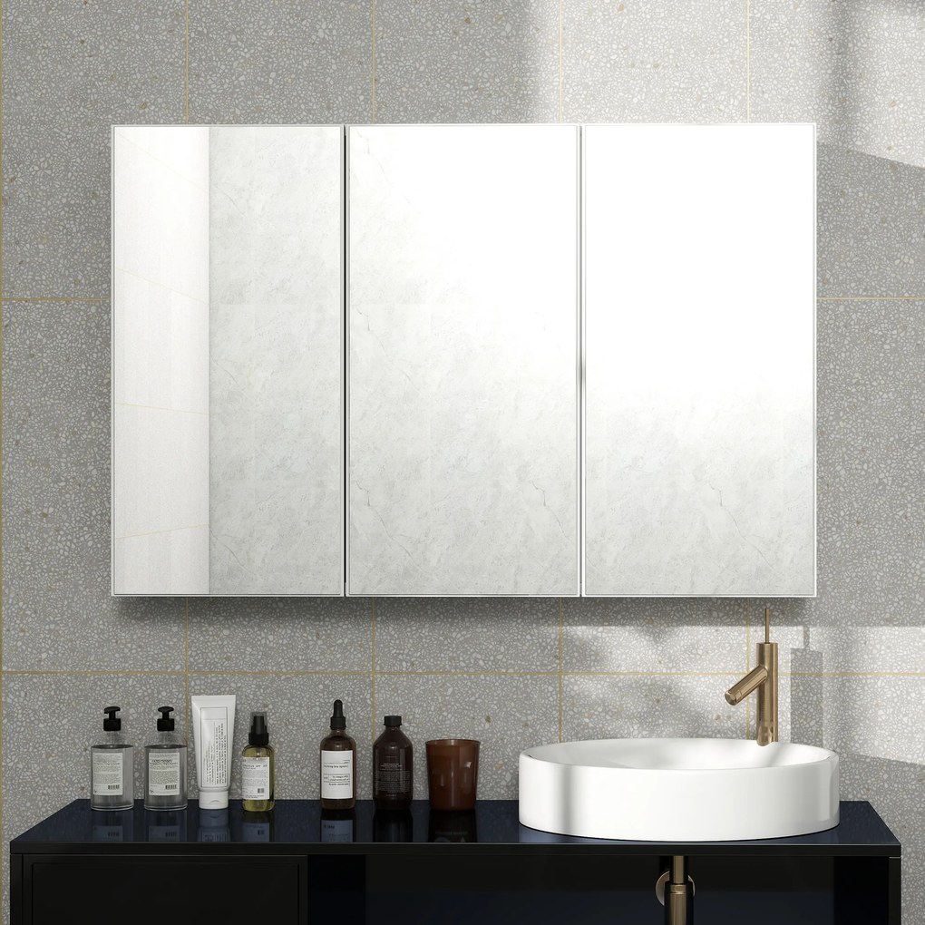HOMCOM Szafa łazienkowa z lustrem, szafka z 3 lustrowanymi drzwiami, montaż na ścianie, 90 x 15,5 x 60 cm, płyta wiórowa, Biała | Aosom PL