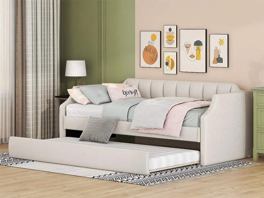 Łóżko piętrowe 90x190/200cm z tkaniny lnianej - z stelażem na listwach - Beżowe