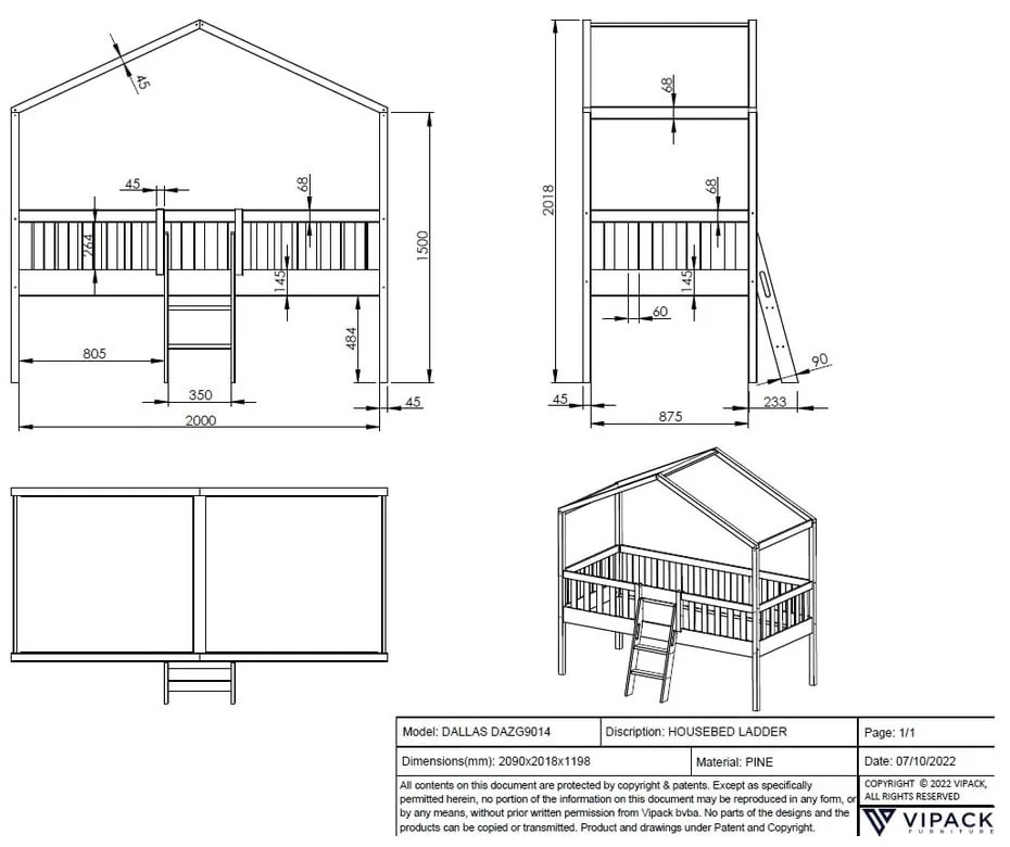 Białe podwyższone łóżko dziecięce w kształcie domku z litego drewna sosnowego 90x200 cm DALLAS – Vipack