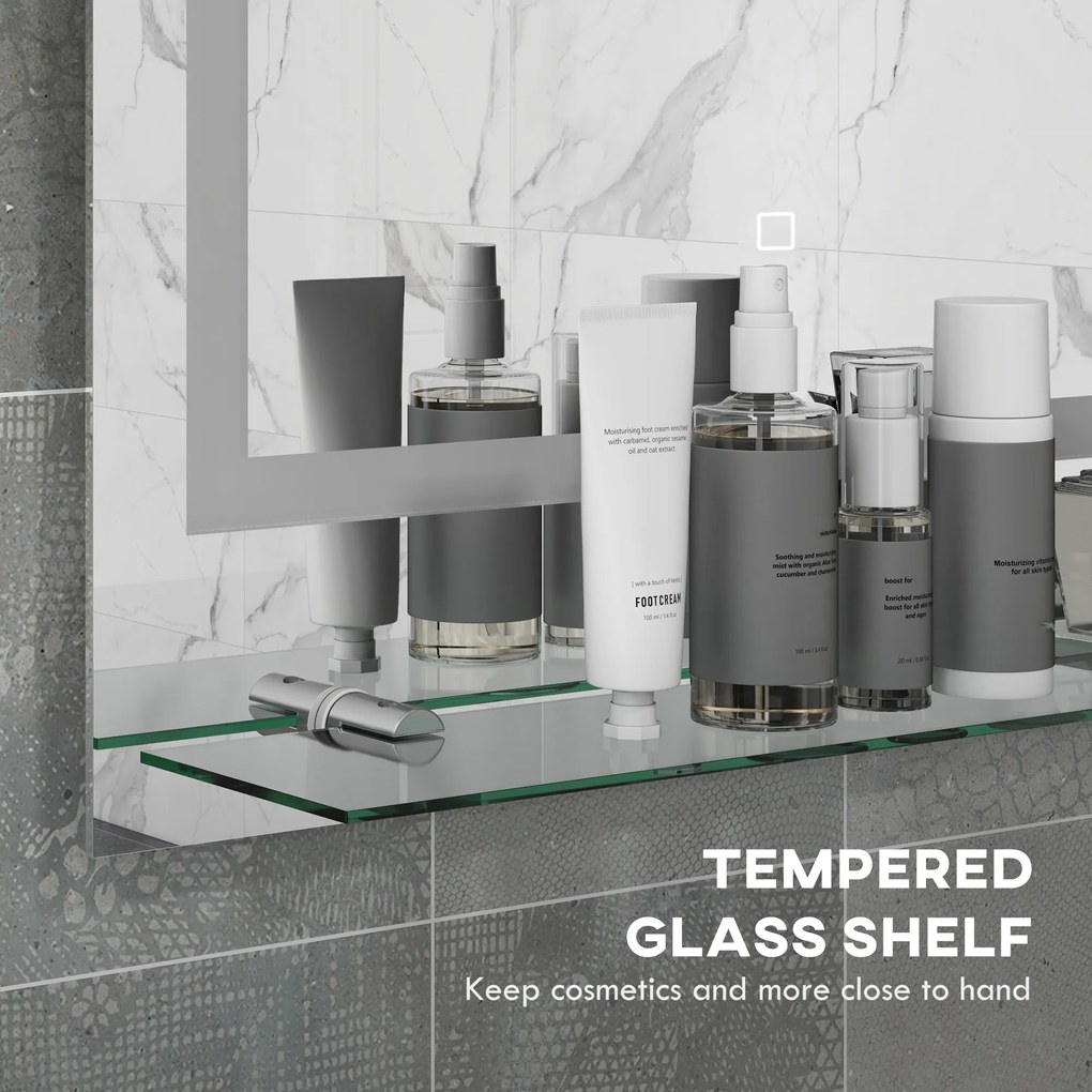 kleankin Lustro łazienkowe z oświetleniem LED, 3 kolory światła, funkcja anty-parowanie, zasilane kablem, 70 x 50 cm