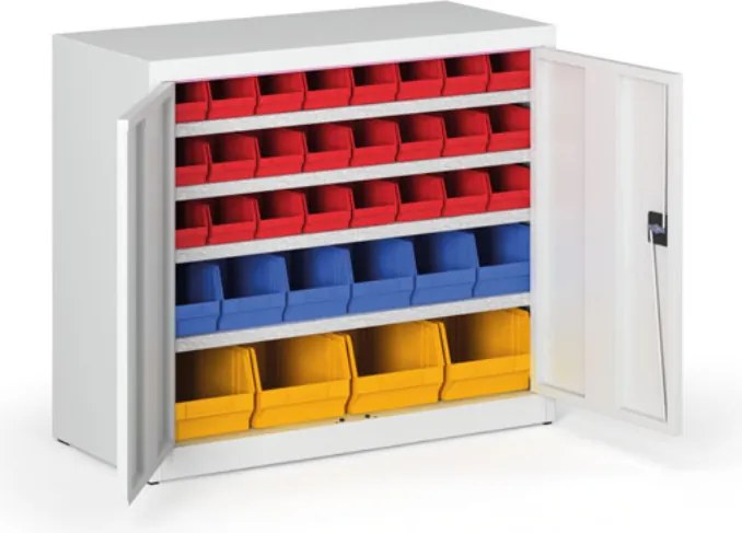 Szafa z plastikowymi pojemnikami BASIC - 800 x 400 x 920 mm, 24xA, 6x B, 4x C, drzwi szare/szare