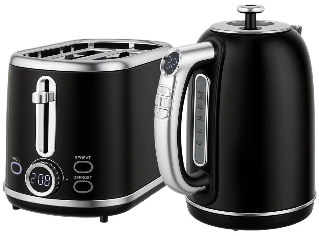 HOMCOM Zestaw czajnik i toster, wyświetlacz LED, 1,7 l, 2200 W, retro design, funkcja pamięci, czarny