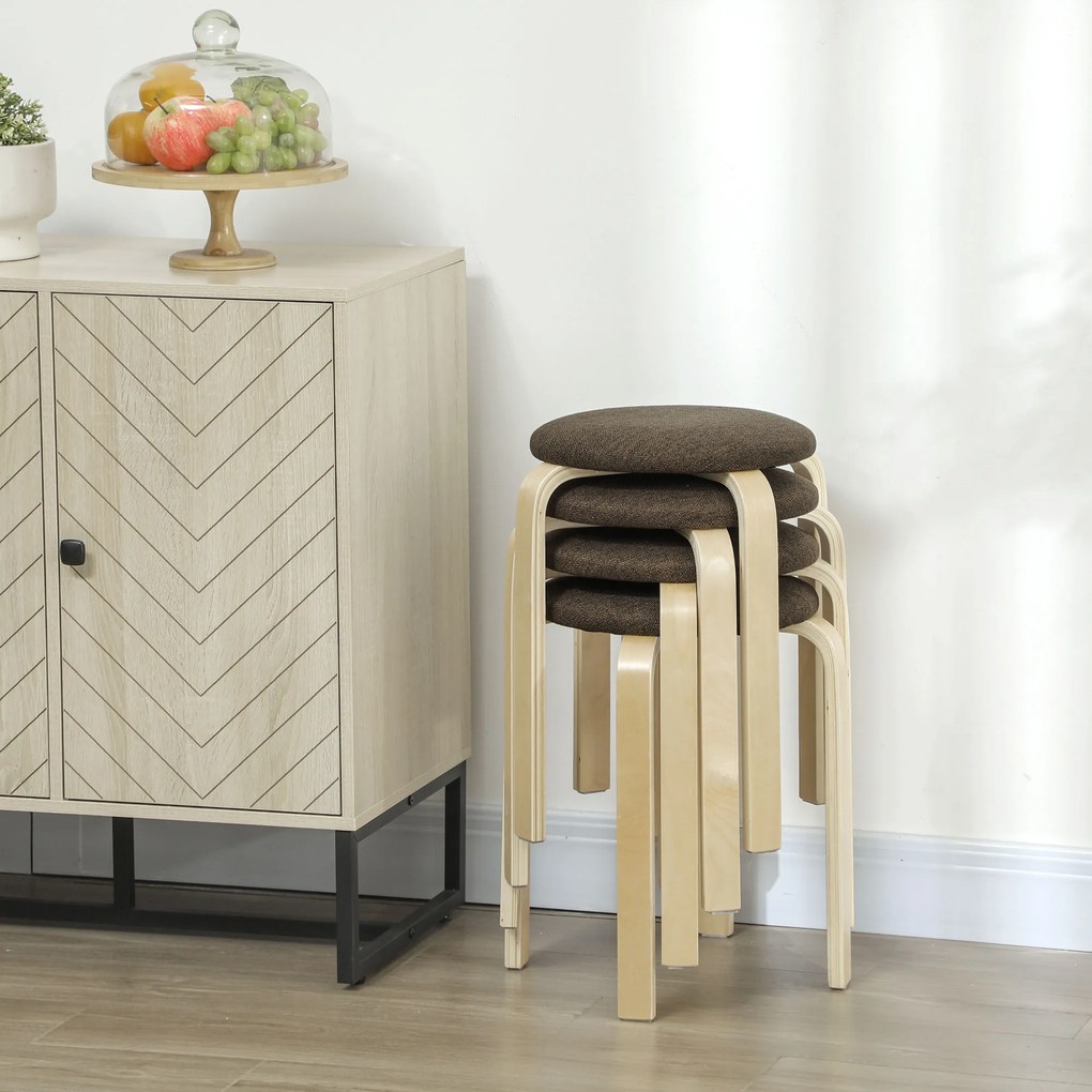 HOMCOM Tapicerowane taborety w zestawie 4, sztaplowane, lakierowane, drewniane nogi, brązowe | Aosom PL