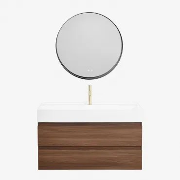 Zestaw Wiszących Mebli Łazienkowych Z Drewna I Forniru Jesionowego Zintegrowany Z Umywalką Ona Ciemna Czerń - Sklum