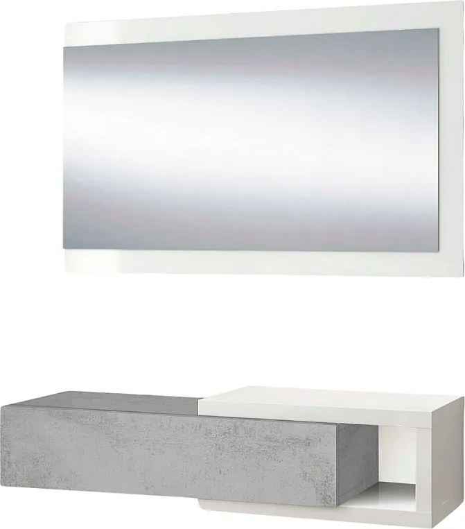 Zawieszana konsola z 1 szufladą i 1 lustrem L95 cm - NOON Biały Matowy i Szary Cemento