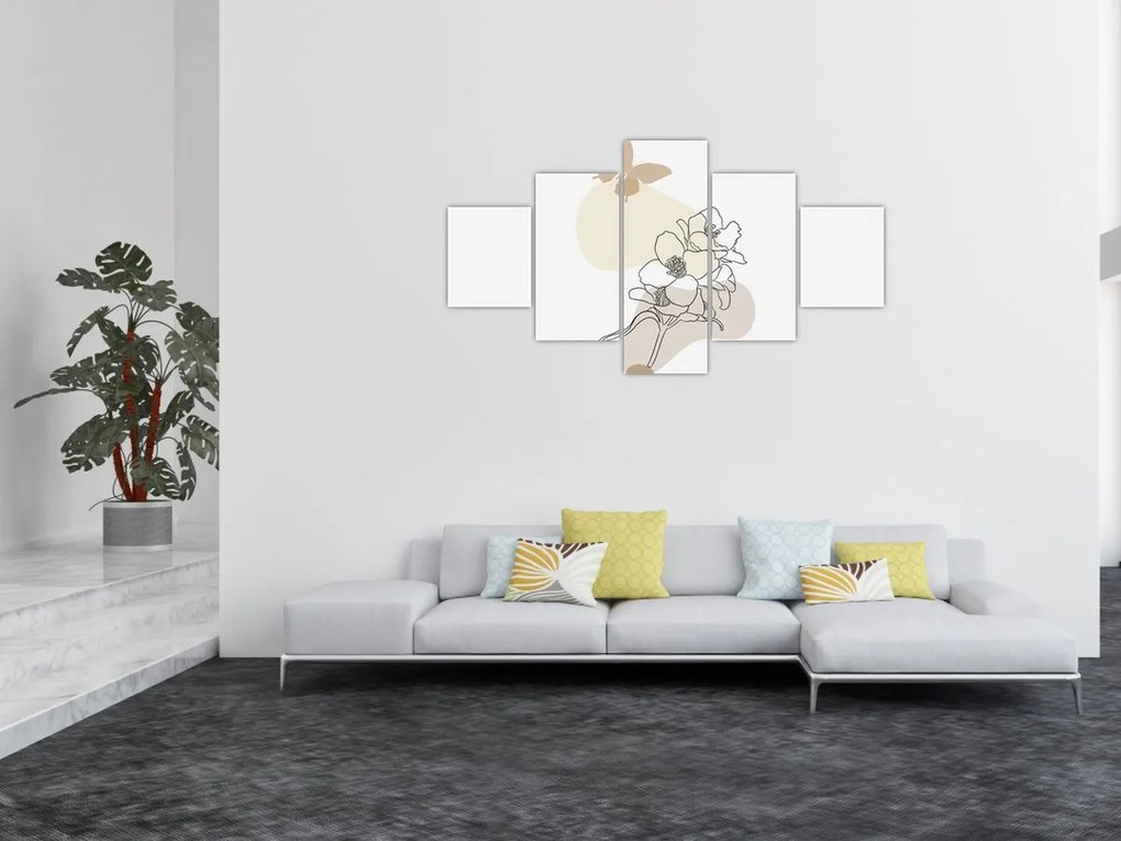 Obraz - Beżowe kwiaty z motylem N⁰3 (125x70 cm)