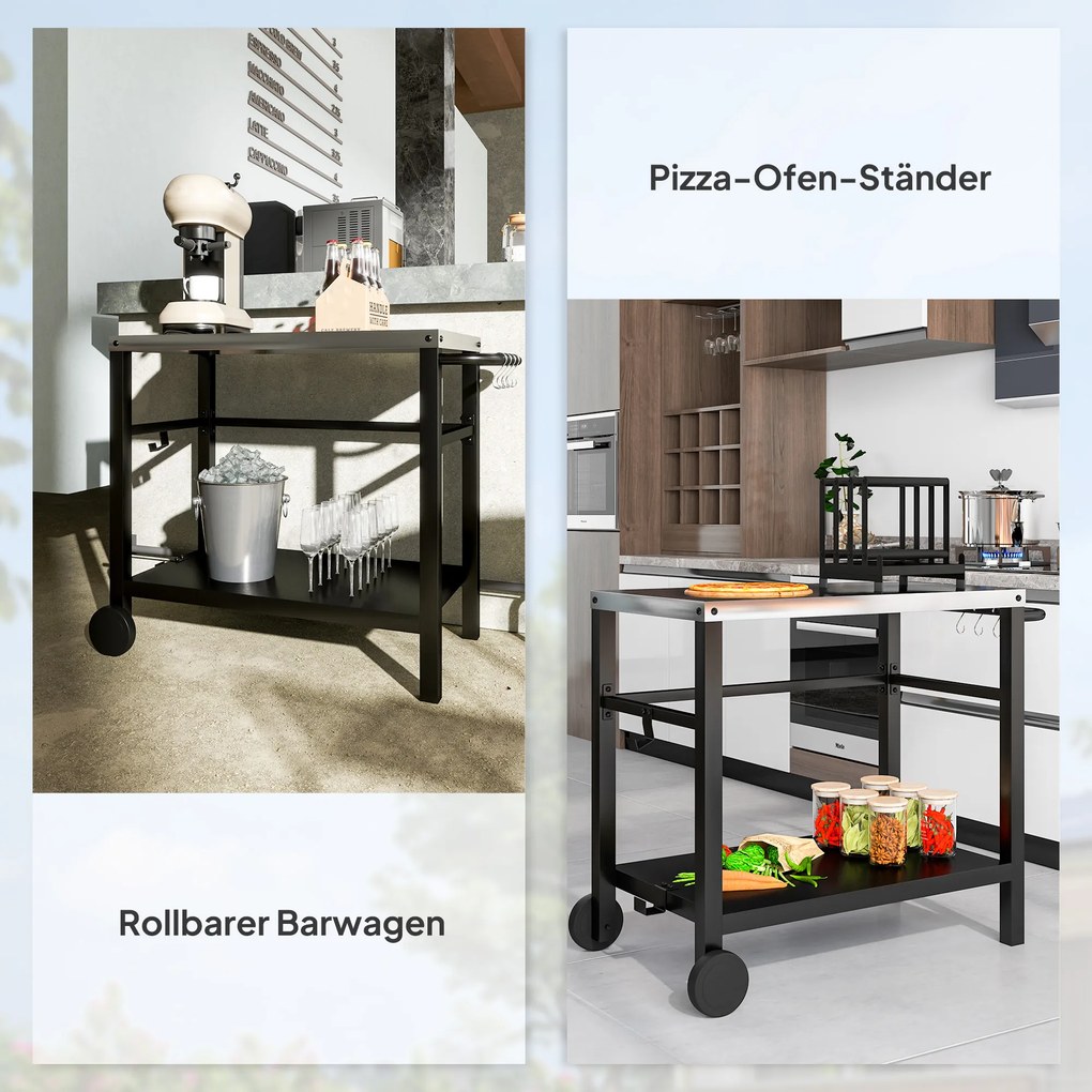 Outsunny Wózek Grillowy 2-poziomowy z Blatem, Półkami, Haczkami i Kółkami ze Stali Nierdzewnej, 102 x 56 x 81 cm | Aosom PL