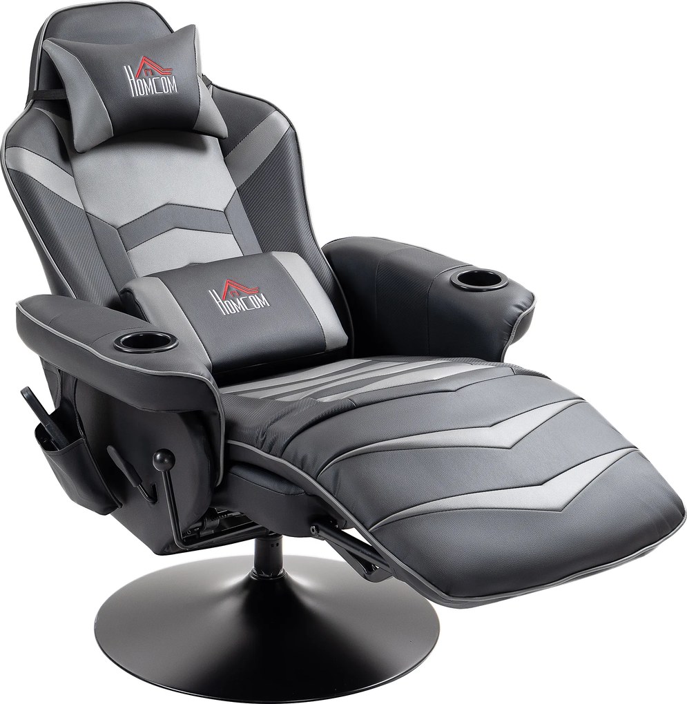 HOMCOM Fotel do gier z funkcją masażu, regulowane oparcie, podnóżek, do 120 kg, konstrukcja stalowa, Skóra Ekologiczna, Szary