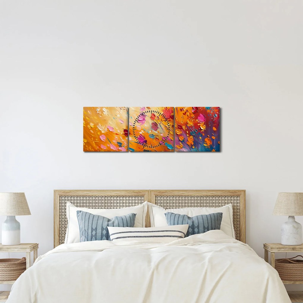 Obraz - Malowanie kolorowych kwiatów (z zegarem) (90x30 cm)