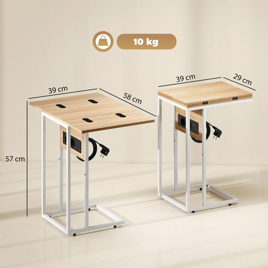 HOMCOM Składany stolik boczny, stacja ładująca z portami USB, metal, 39 x 29 x 57 cm, kolor drewna | Aosom PL