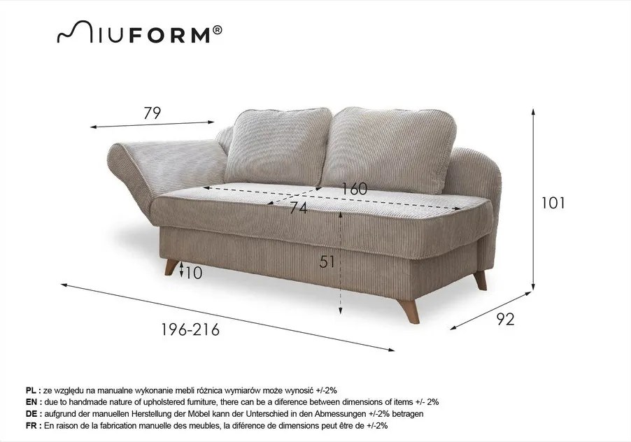 Antracytowy sztruksowy szezlong (lewostronny) Chic Charlotte – Miuform