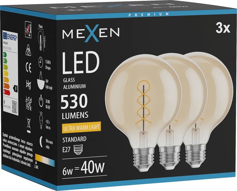 Mexen Vintis 3x żarówka filament spirala LED E27, G95, 6W, Ciepła - 2200K, 530 lm, amber - L167-E27-0622-50x03