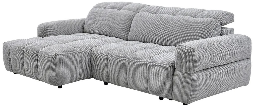 Kanapa narożna z funkcją relaksu, lewostronna, z elektrycznie wysuwanym siedziskiem w szarym materiale CARIALA
