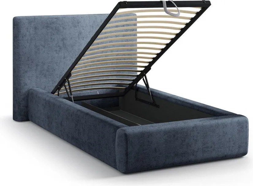 Ciemnoniebieskie tapicerowane łóżko jednoosobowe ze schowkiem i stelażem 90x200 cm Amy – Micadoni