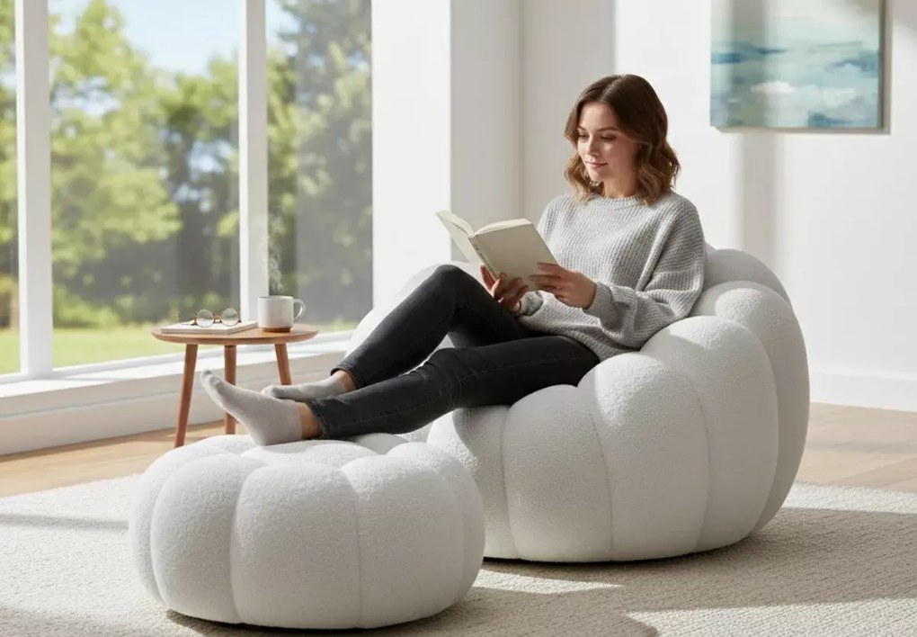 Bloom – nowoczesny fotel obrotowy z pufą łączący luksusowy komfort z artystycznym designem