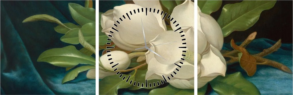 Obraz - Martin Johnson Heade, Giant Magnolias on a Blue Velvet Cloth, reprodukcje (z zegarem) (90x30 cm)
