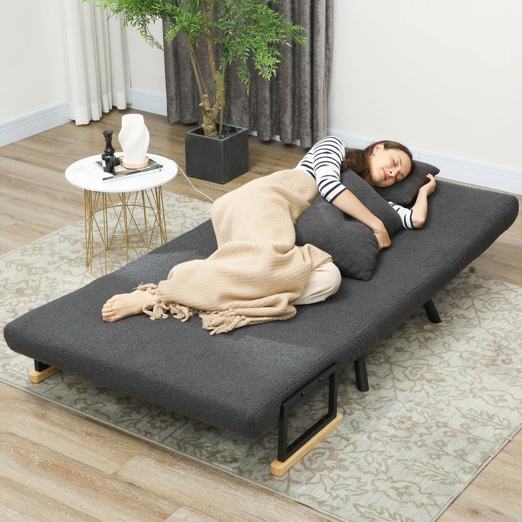HOMCOM Sofa rozkładana 2-osobowa z funkcją spania, w zestawie 2 poduszki, wygląd Sherpa, naturalny + ciemnoszary + czarny | Aosom PL