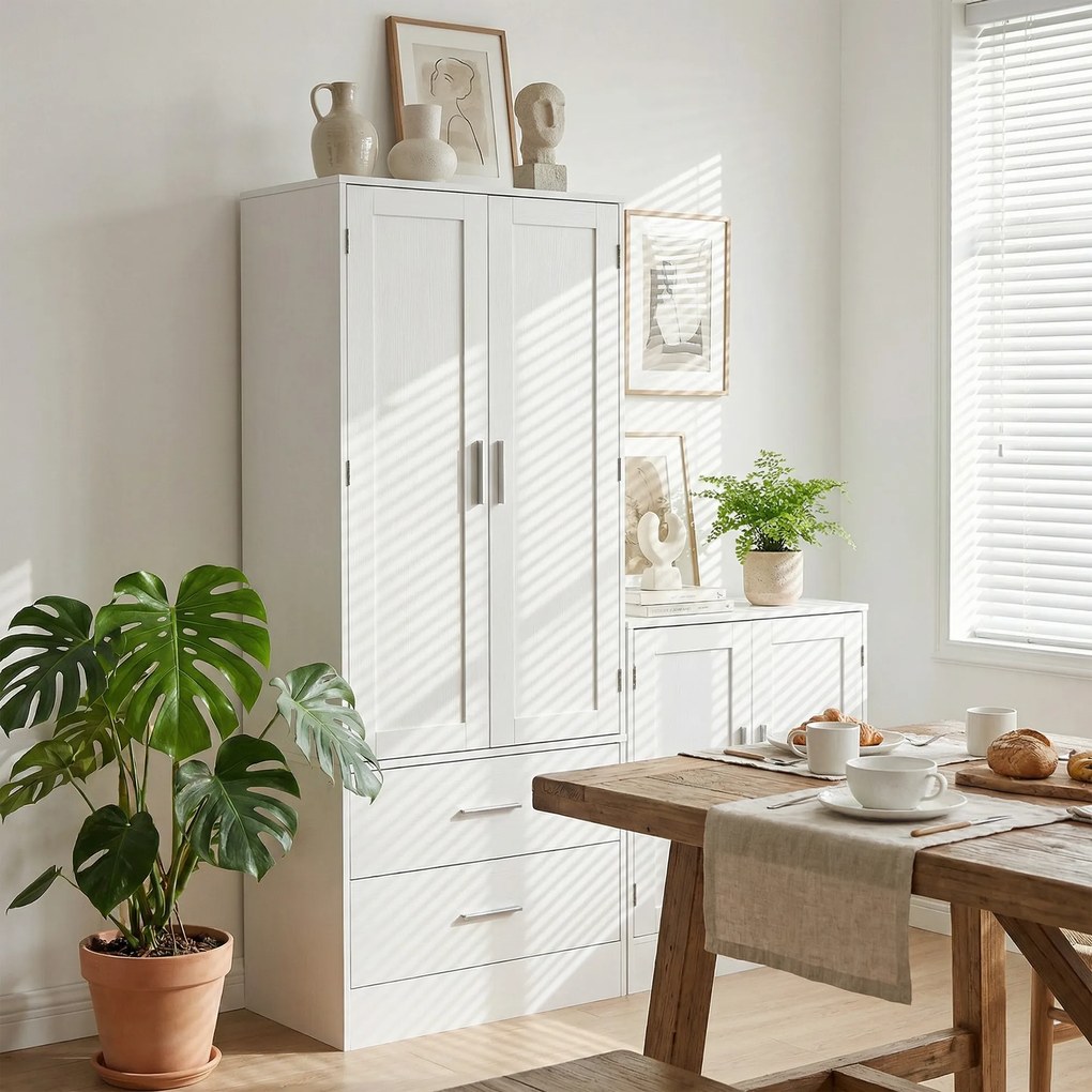 HOMCOM Szafka kuchenna 159 cm, regulowane półki, 2 szuflady, do kuchni, jadalni, płyta wiórowa, MDF, biały