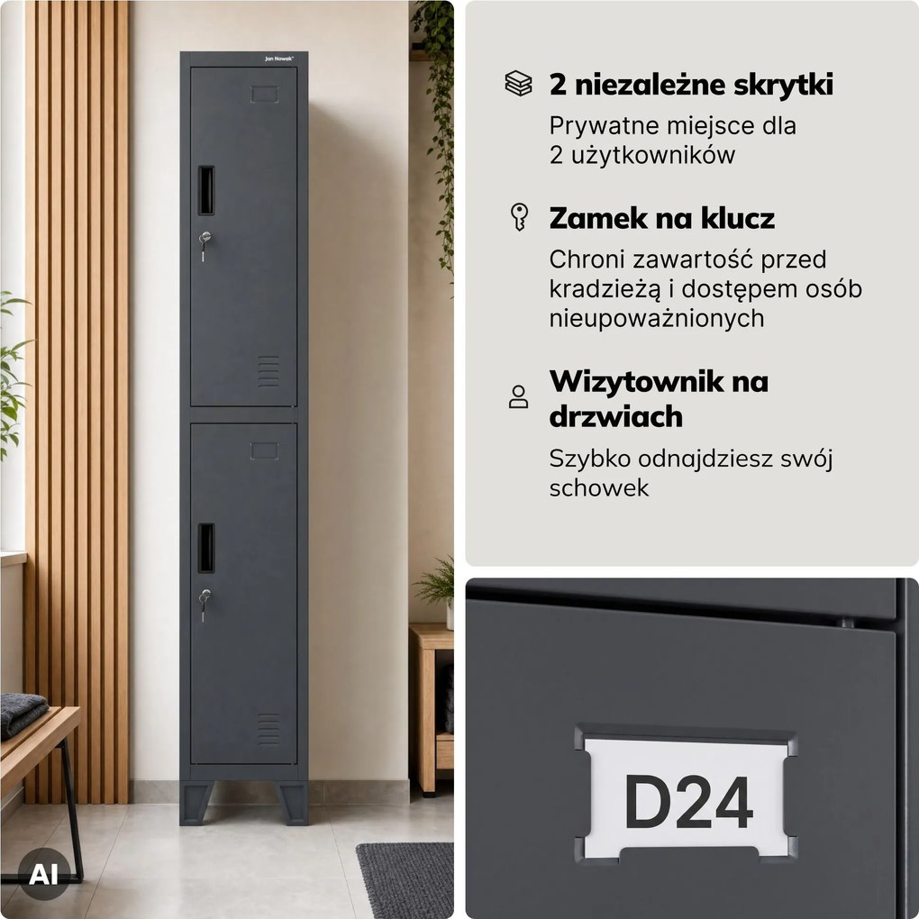 Szafka ubraniowa metalowa pracownicza głęboka 2-drzwiowa antracytowa, 292x1720x600 mm: BARTEK 1 Plus D600