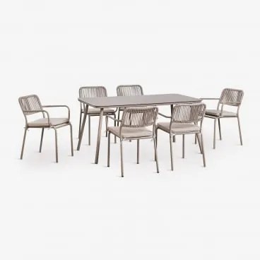 Zestaw Stołu Prostokątnego 160x90 Cm I 6 Sztaplowanych Krzeseł Ogrodowych Z Plecionej Liny Arhiza Moka Brown - Sklum