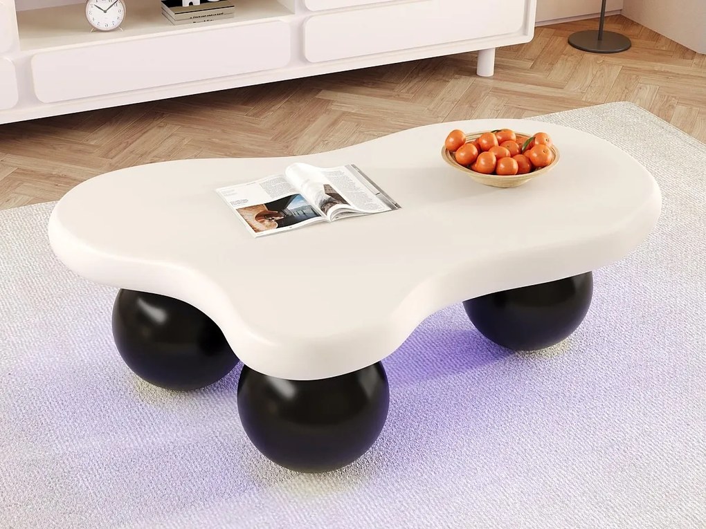 Stolik kawowy 95x62,5x32 cm - kształt chmury - z oświetleniem LED - okrągłe nogi - biały + czarny