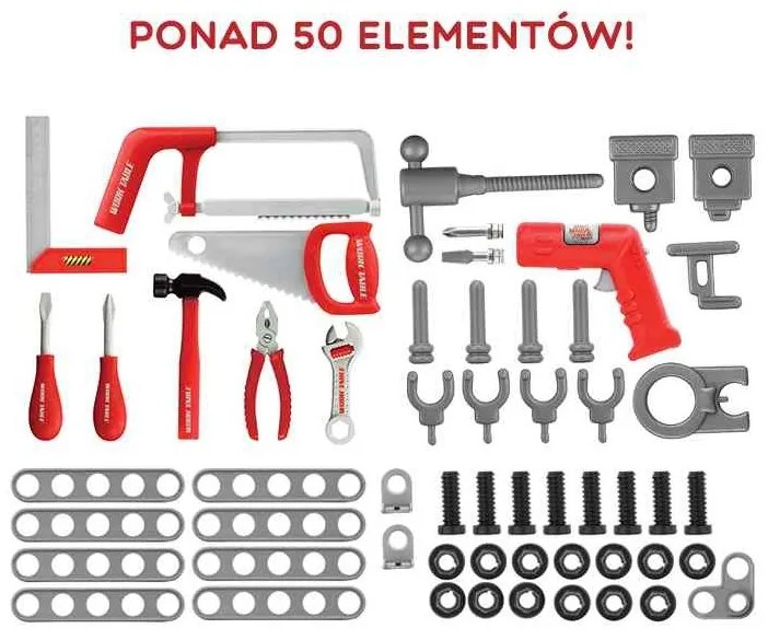Woopie duży warsztat z narzędziami dla dzieci zestaw majsterkowicza wiertarka piła młotek 50 el.