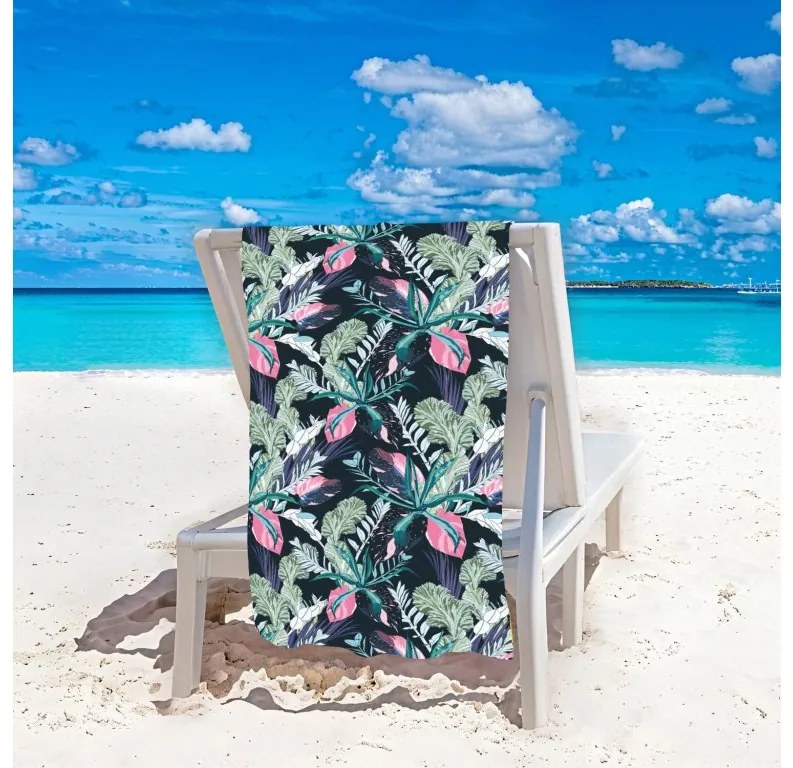 Zestaw plażowy NIGHT BLOSSOM – ręcznik plażowy 100×180 cm i ponczo 80×145 cm, czarny