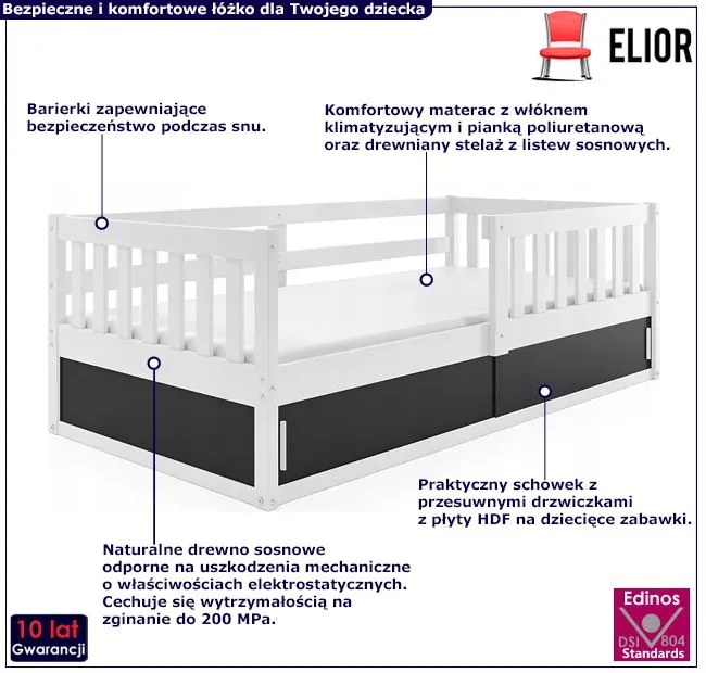 Białe drewniane łóżko dziecięce z barierkami - Norivo