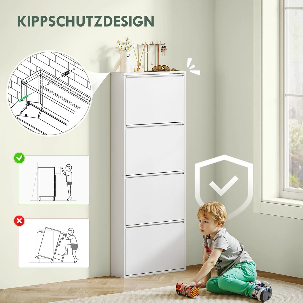 HOMCOM Wąska Biała Szafka na Buty Metalowa do 8 Par Butów z 4 Składanymi Szufladami, dla Przedpokoju, Biała