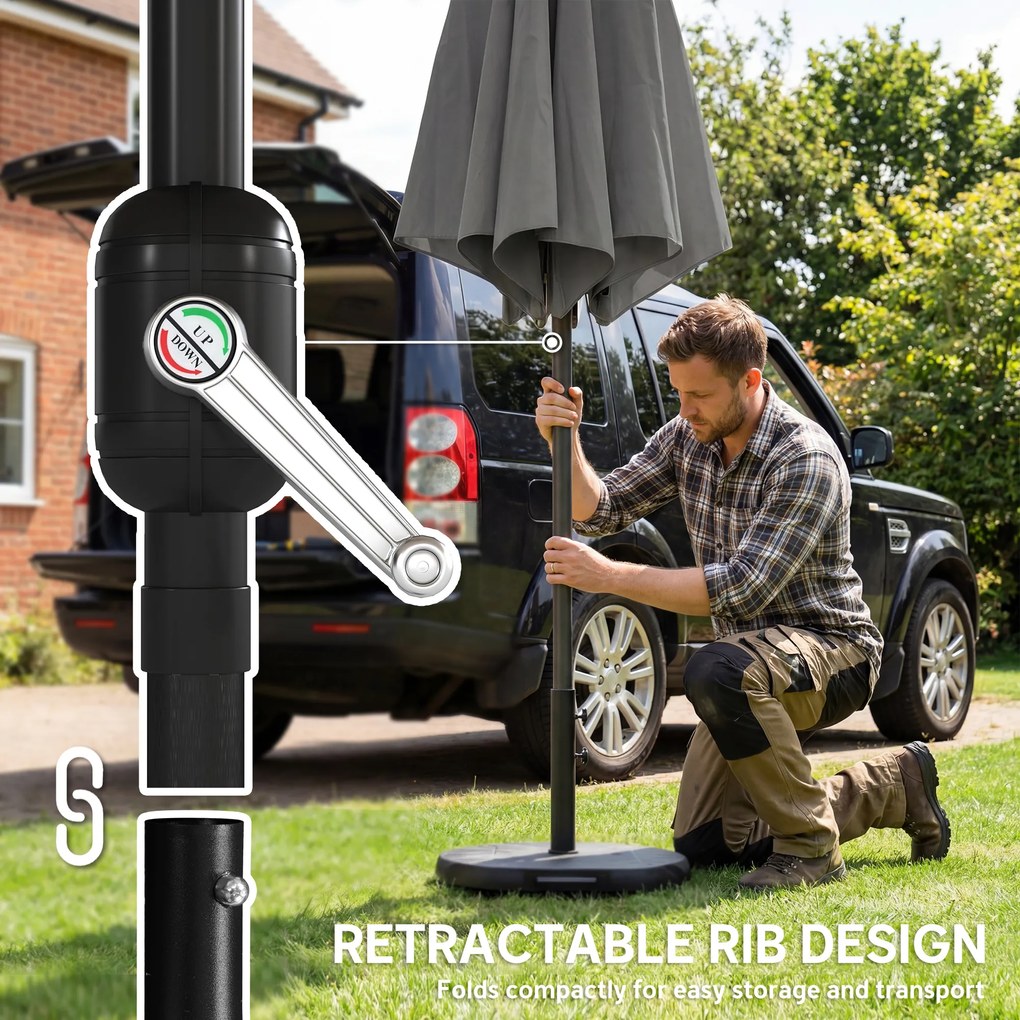 Outsunny Parasol ogrodowy Ø300 cm z korbką, podstawą krzyżową i workiem piaskowym, UV 30+, ciemnoszary | Aosom PL