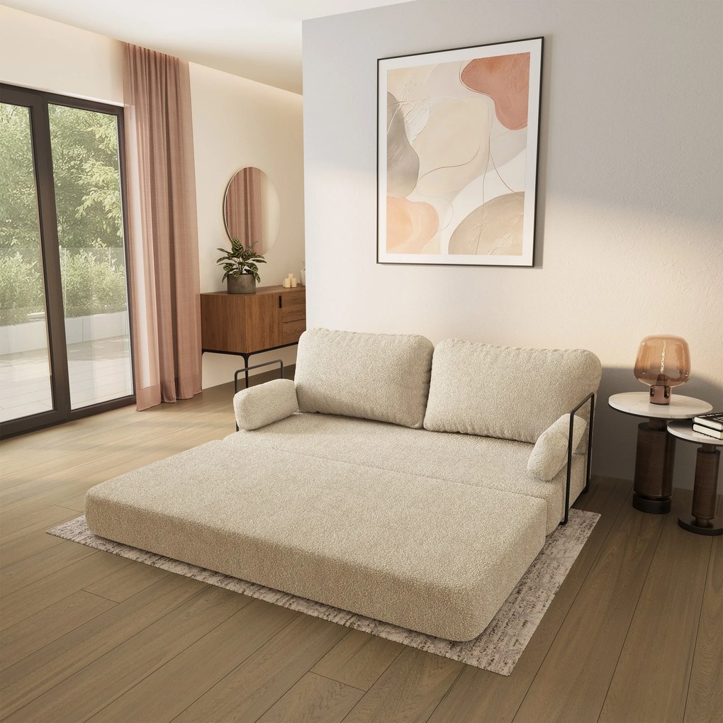 Masseno Sofa piankowa NIKSI z funkcją spania, Kanapa z pianki do salonu, Bezmontażowa, Tkanina bucle – Kremowy QUELLE 02