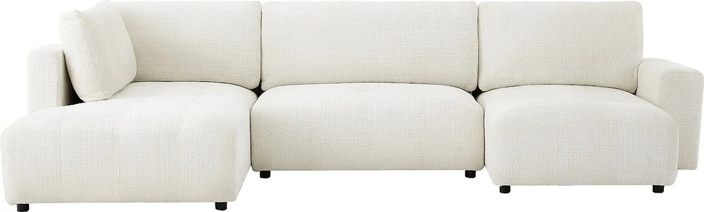 Kanapa narożna lewostronna panoramiczna z beżowej tkaniny szenilowej CELARO