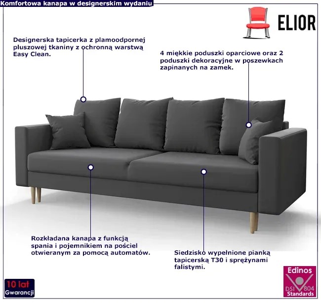 Popielata sofa welurowa z funkcją spania - Adante