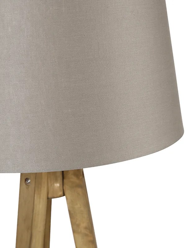 Rustykalna lampa stojąca na trójnogu z vintage'owego drewna z abażurem z lnu w kolorze taupe 45 cm - Tripod Classic Rustykalny / Vintage Oswietlenie wewnetrzne